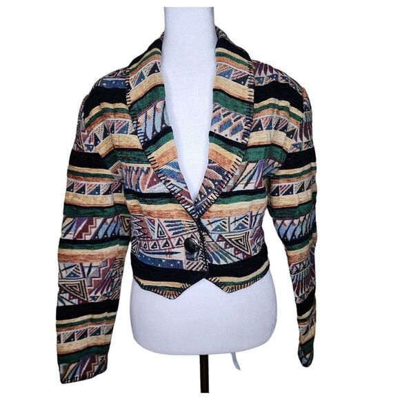 Vintage 1980s Striped Southwestern Jacket Womens Size L Brown Striped Tapestry A - Picture 1 of 4